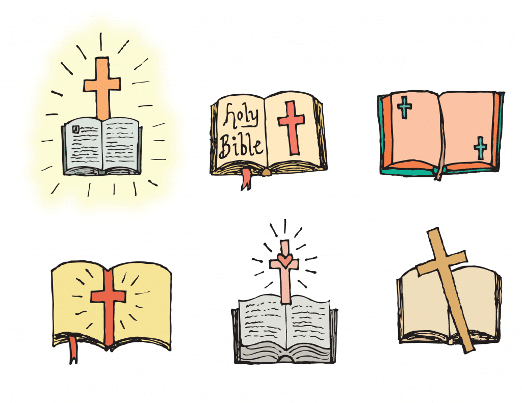 Ilustrações de bíblias e cruzes.