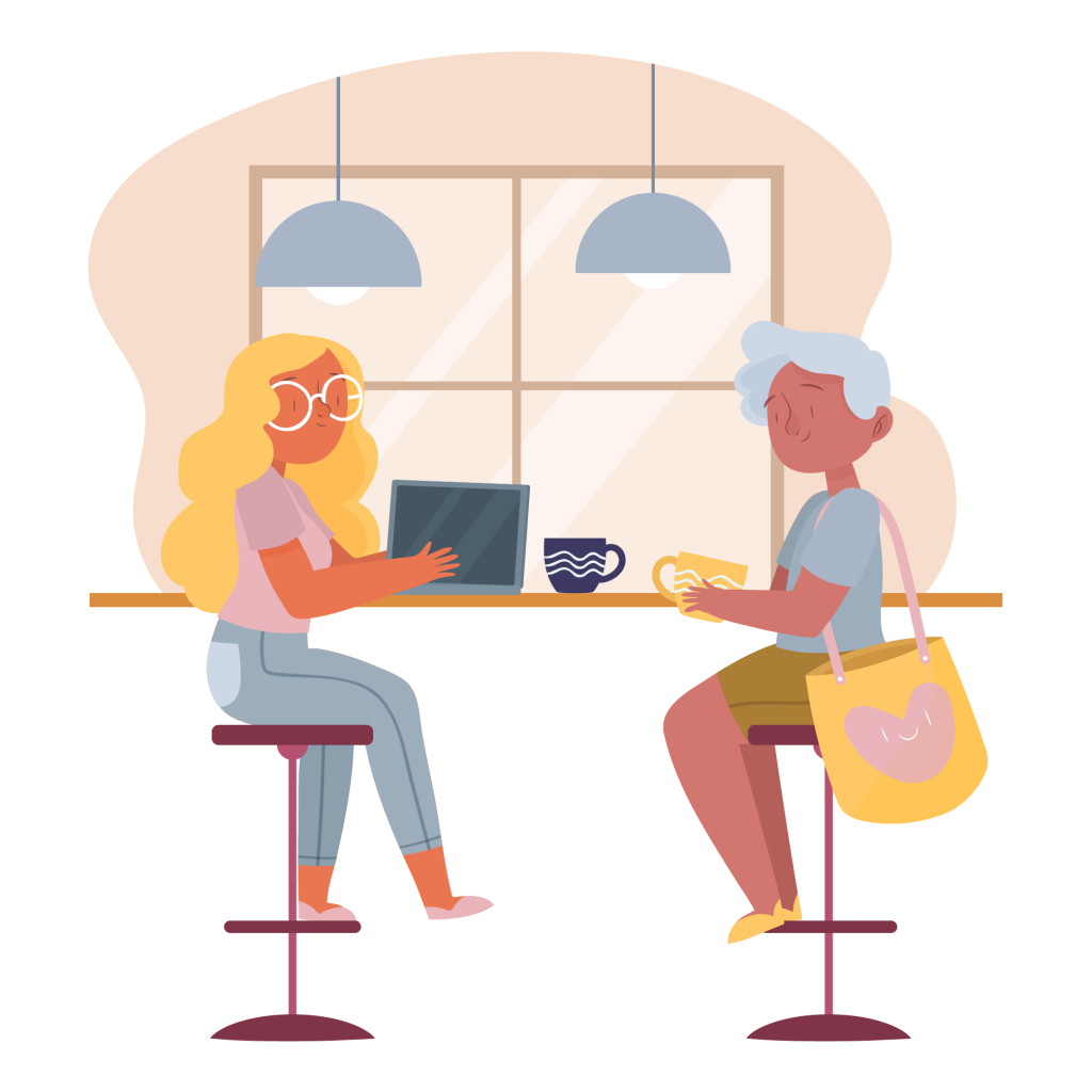 Duas moças conversando em um café. As duas têm xícaras na mão. Uma delas usa óculos e segura um computador, a outra tem uma grande bolsa em seu ombro.
A imagem representa uma conversa sobre dicas de alimentação e saúde.