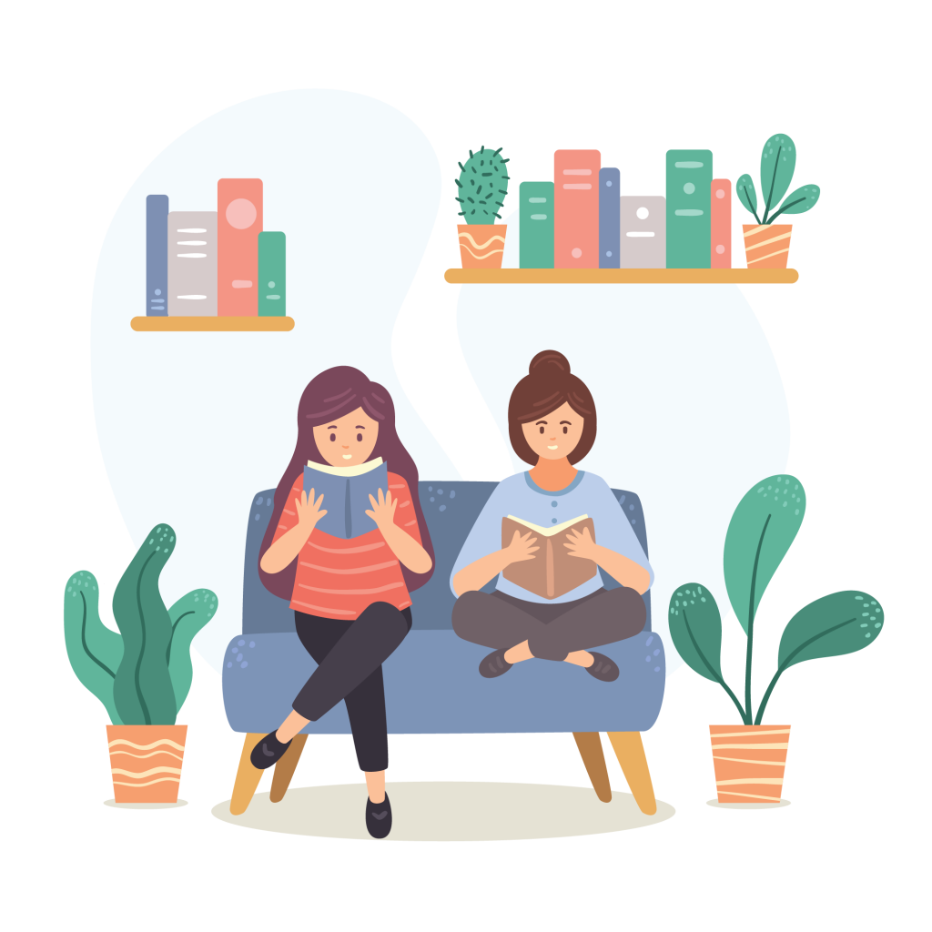 Duas garotas sentadas em um sofá lendo um livro. Ao redor delas há plantas e uma prateleira de livros.