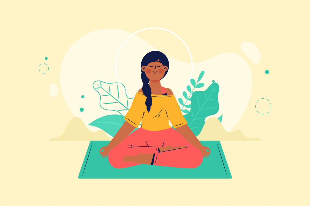 Garota sentada de pernas cruzadas e mãos sobre os joelhos: em pose de meditação.