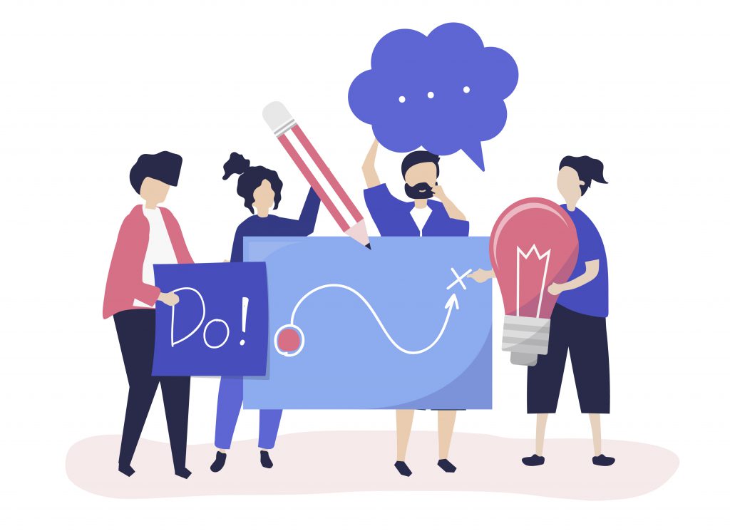 Pessoas segurando elementos que fazem referência à ideias e plano de estudos como papeis, lápis, lâmpadas, ideias e balões de fala.