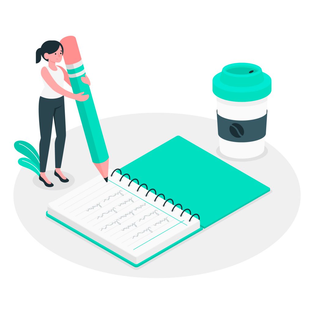 Garota segurando um lápis gigante. Ela está escrevendo em um caderno gigante. Ao lado dela há um copo de café gigante.